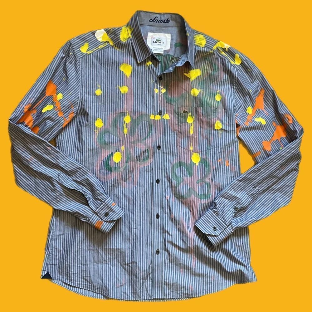 Lacoste Striped Dress Shirt with Yellow and Orange Paint Splatter